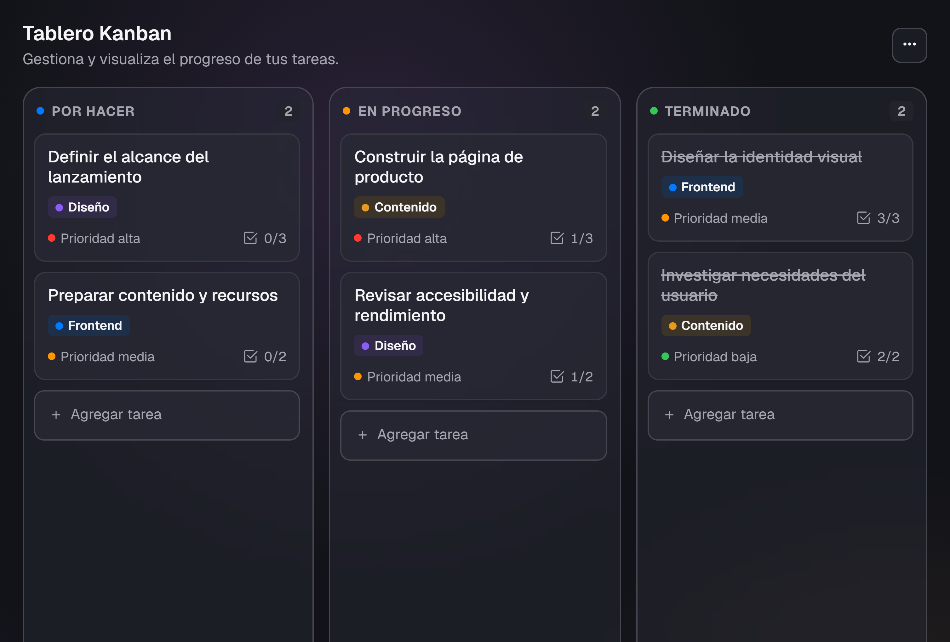 Captura en color del Kanban de Modus en modo oscuro, con tareas, etiquetas, prioridades y progreso de subtareas