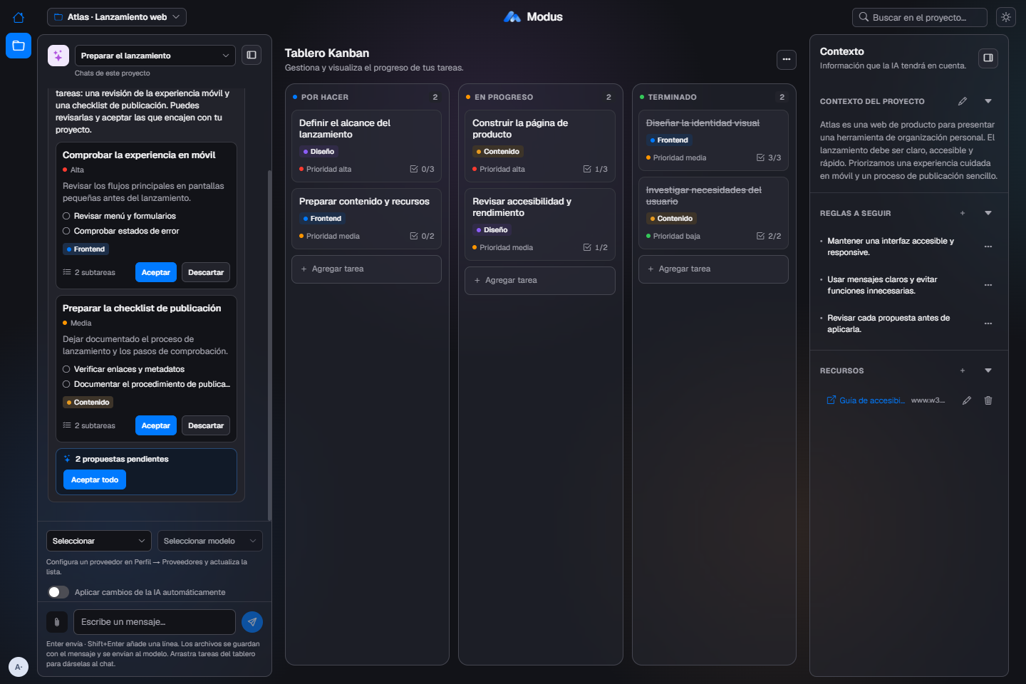 Modus en modo oscuro: propuestas de IA a la izquierda, tablero Kanban en el centro y contexto del proyecto a la derecha